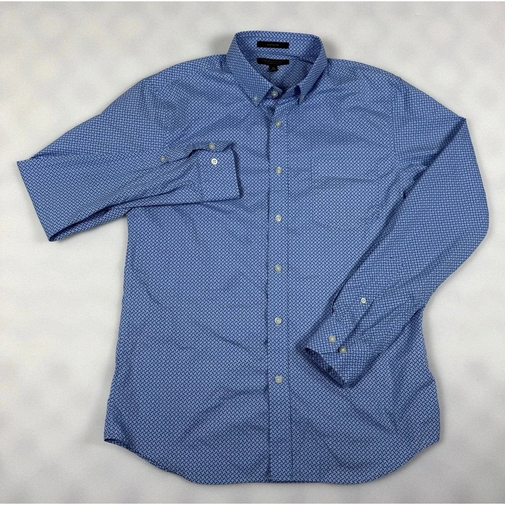 Banana Republic Men M Blue Geometric Print Tech Stretch Slim Flex Fit Shirt